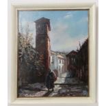 Calberg ? Early - Mid XX Continental, Oil on canvas. Figure walking through a Mediterranean village.