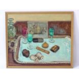 AE Broadbent XX, Oil on board, Still life of items on a silver tray, Signed lower right,