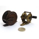 Fishing : Two old brass brook reels , 1 1/2" & 2" centre pin fishing reels.