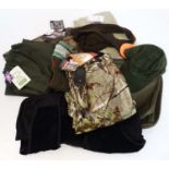 A quantity of sporting/outdoor clothing, comprising a pair of khaki brown socks,