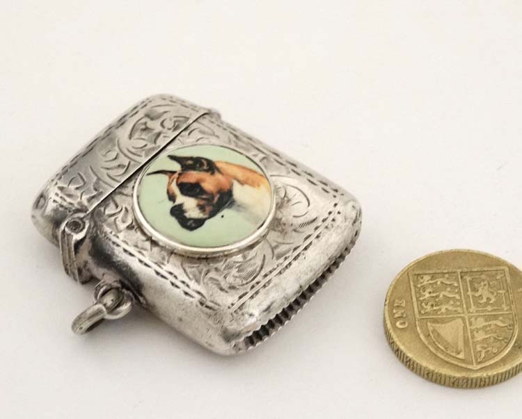 A silver vesta case with later applied 21stC ceramic cabochon with dog decoration. - Image 3 of 4