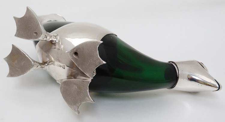 A 21stC novelty double ended small duck claret jug of green glass and silver plate , - Image 3 of 6