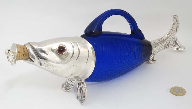 A novelty claret jug / decanter formed as a fish with blue glass body, - Image 4 of 8
