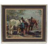 Indistinctly signed Early-Mid XX Continental Equine School, Oil on board, Watering the heavy Horses,