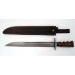 A large hunting / pioneer knife , having a 16" damascus blade with fuller and saw back .