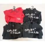 Three Grey Calef Calls Duck shooting Hoodies (size M) together with two Fuchsia Duck Commander