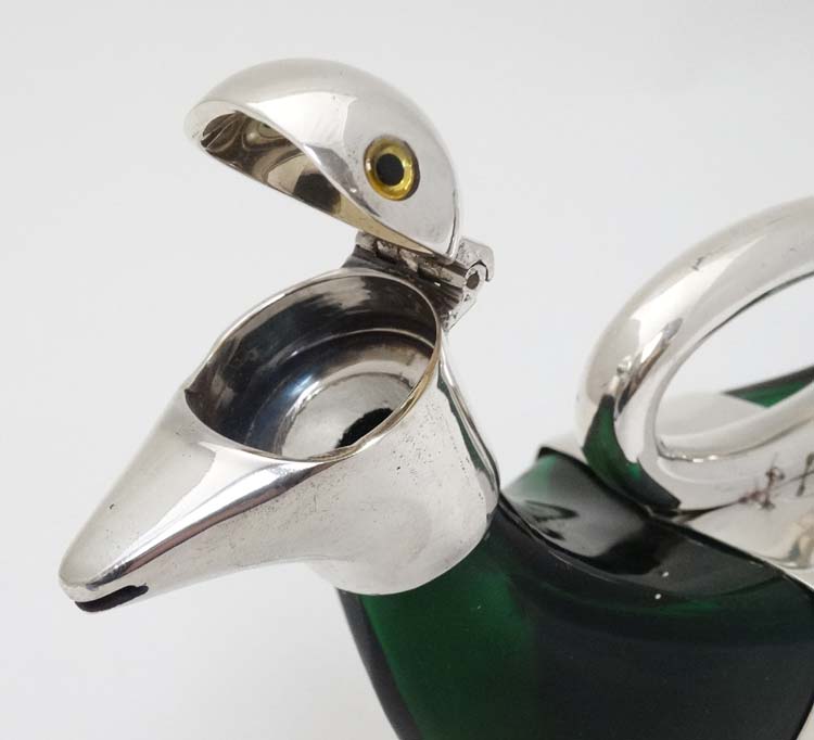 A 21stC novelty double ended small duck claret jug of green glass and silver plate , - Image 6 of 6