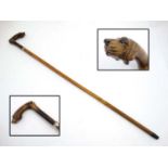 Ornate Gentleman's Walking Stick / Cane : a circa 1900 carved dogs head (with glass eyes ) handle