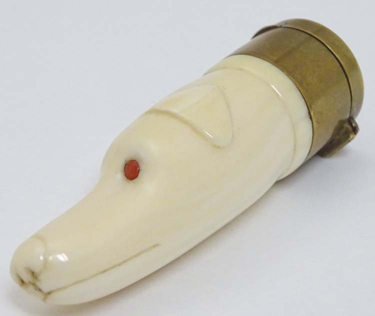 A Victorian novelty vinaigrette formed as a carved ivory dogs head with red eyes and having brass - Image 3 of 6