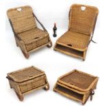 Fishing: Two vintage wicker folding fishing seats with leather straps (one broken)