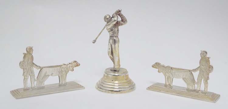A pair of Art Deco style silver plate knife rests formed as huntsman with dogs 3 1/4" wide Together - Image 3 of 9