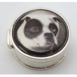 A 925 silver pill box with monochrome image to lid depicting the head of a French Bulldog.