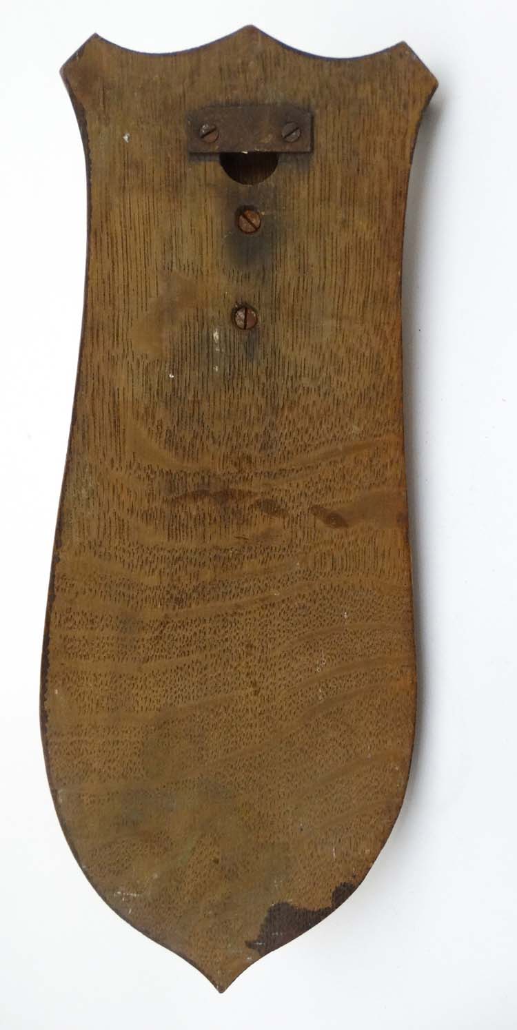 Taxidermy : a ' Deer Slot ' ( Red Deer hoof ) affixed to a stained oak shield mount , 12 3/4" long. - Image 2 of 5