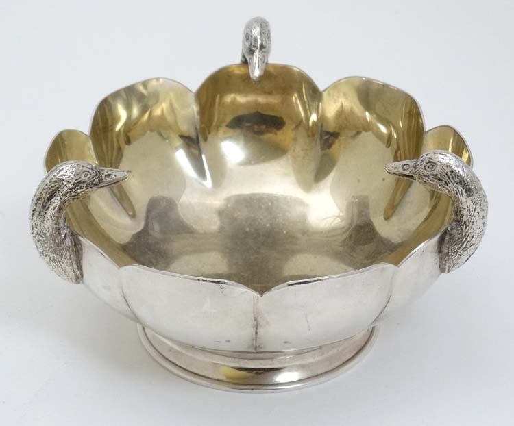 A Lambidis silver plate bowl having 3 ducks head decoration and gilded interior approx 6 1/4"