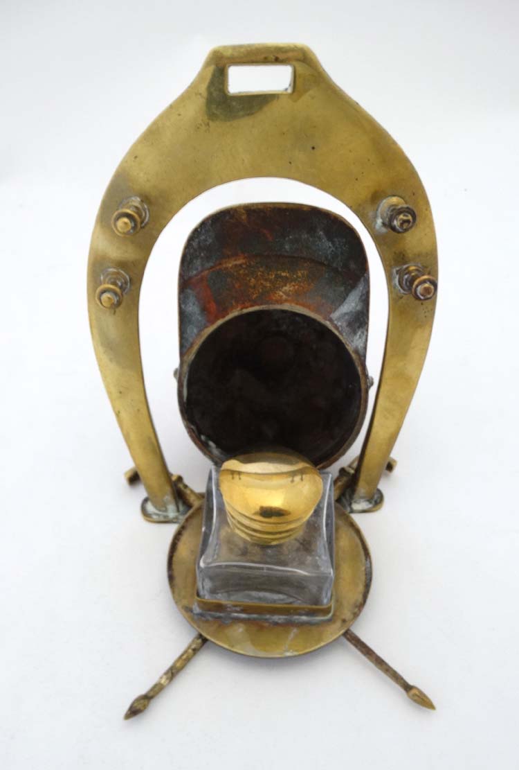 Riding / Hunting Interest : A late 19thC / early 20thC Novelty brass Standish / inkwell the back - Image 6 of 7