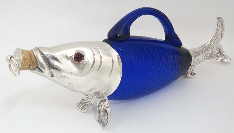 A novelty claret jug / decanter formed as a fish with blue glass body, - Image 3 of 8