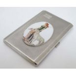 A silver cigarette case hallmarked Birmingham 1947 having later applied ceramic cabochon depicting