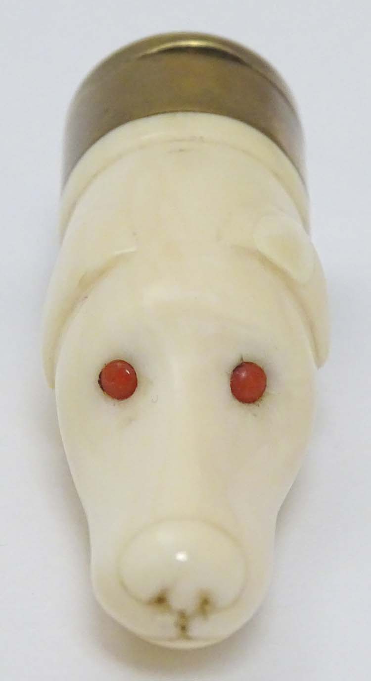 A Victorian novelty vinaigrette formed as a carved ivory dogs head with red eyes and having brass - Image 4 of 6