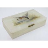 A 20thC alabaster table top box with hand painted image to top of a mallard duck with gilt metal