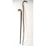 Walking Sticks: A hazel wood walking stick / crook with horn handle and brass ferrule,