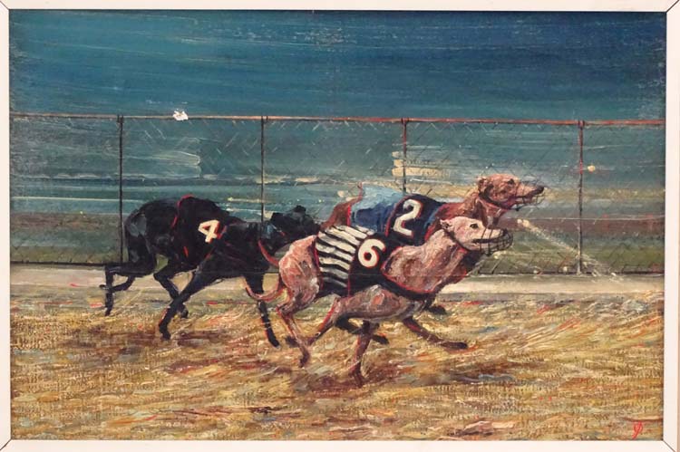 Grey hound Racing: JP c1960, Oil on canvas, Dogs 2,6 and 4 running towards the line on a dog track, - Image 3 of 4