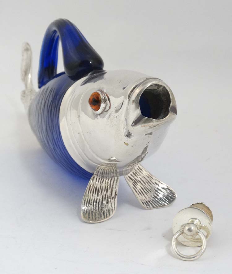 A novelty claret jug / decanter formed as a fish with blue glass body, - Image 7 of 8