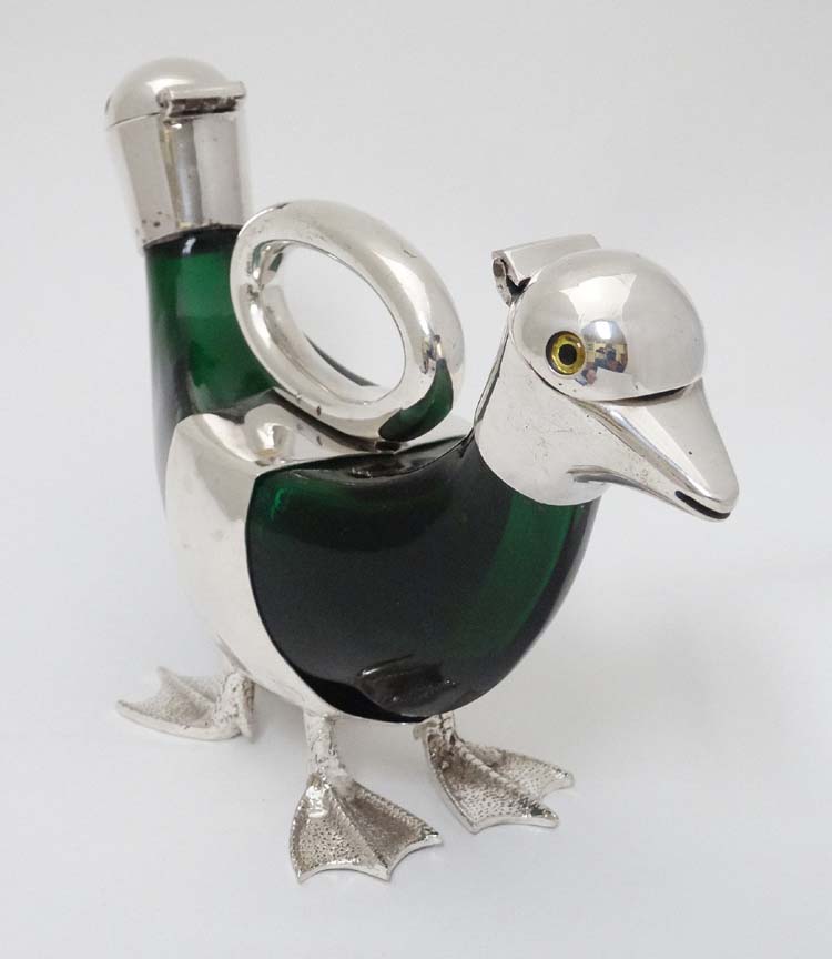 A 21stC novelty double ended small duck claret jug of green glass and silver plate , - Image 5 of 6