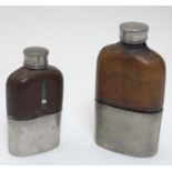 A half leather covered hip flask with beaker to lower half. Marked G & JW Hawksley 5 1/4" high.