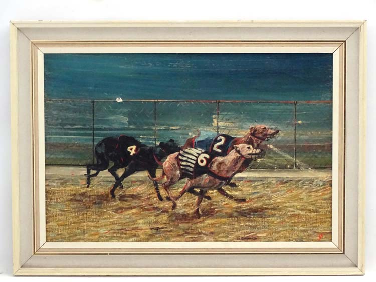 Grey hound Racing: JP c1960, Oil on canvas, Dogs 2,6 and 4 running towards the line on a dog track,