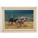 Grey hound Racing: JP c1960, Oil on canvas, Dogs 2,6 and 4 running towards the line on a dog track,