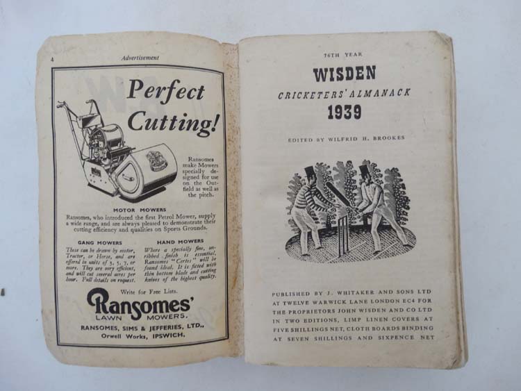 Book: ''John Wisden's Cricketeers' Almanack 1939 '' 76th Edition , edited by Wilfrid H Brookes, - Image 4 of 9