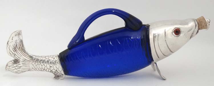 A novelty claret jug / decanter formed as a fish with blue glass body, - Image 5 of 8