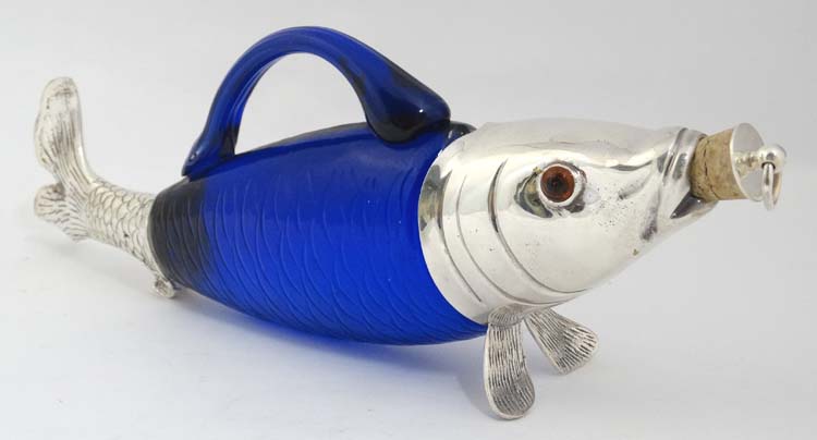 A novelty claret jug / decanter formed as a fish with blue glass body, - Image 6 of 8