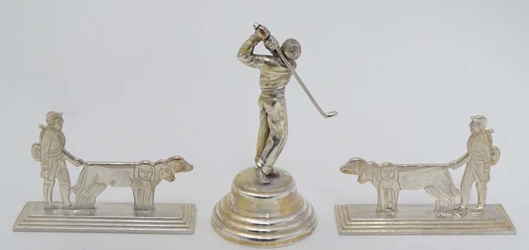 A pair of Art Deco style silver plate knife rests formed as huntsman with dogs 3 1/4" wide Together - Image 8 of 9