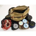 Fishing: A Bob Church & Co fishing bag of leather trimmed canvas (fly fisherman's shoulder bag)
