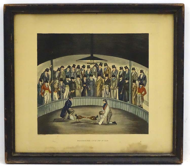 Cockfighting: After H Alken, Hand coloured Artist's Proof, 'Westminster Cock Pit in 1830',