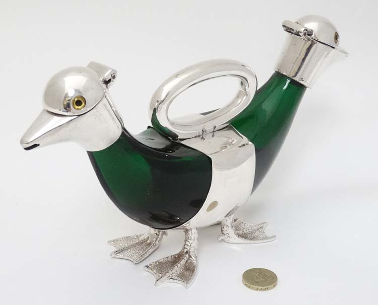 A 21stC novelty double ended small duck claret jug of green glass and silver plate , - Image 4 of 6