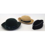 Hats : A Straw boater and green felt hat both trimmed in blue, green and white stripped ribbon,