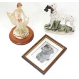 A 1994 Figurine on wooden plinth plus Labrador picture along with Staffordshire dog holding rabbit