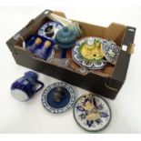 A box of ceramics/plates, glass to include pieces by Faience, Quimper,