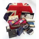 Box of miscellaneous to include silver plate cutlery, flags, cameras etc.