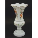 A handpainted late 19th / early 20th C milk glass vase with flared rim , on pedestal base ,