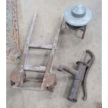 An assortment of garden / agricultural implements comprising sack barrow, water pump,