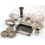 Assorted silver plated wares to include cake baskets, serving dishes, jug,