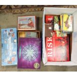 A box of toys and misc items to include games such as 'Risk: the world strategy game',