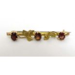 A 9ct gold brooch set with 3 garnets and foliate detail.