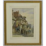 Celia Lewis mid XX, Watercolour, Continental Tudor period building with figures, Signed lower right.