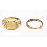 2 9ct gold ring, a wedding band and a gentlemans signet ring.