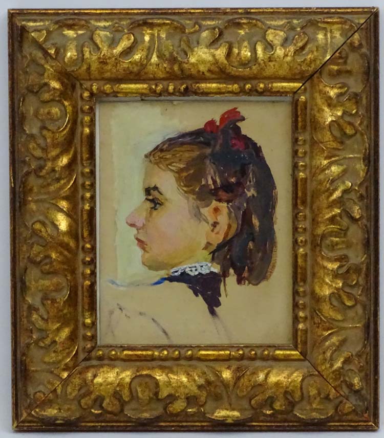 Nina A Sukacheva (1925-?) Russian, Oil on card, Portrait of a girl ' Olya ' 1953, Labelled verso.