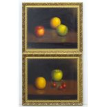 K. Cotton XX, Oil on canvas board , a pair, Still life of wet fruit, Signed lower right.